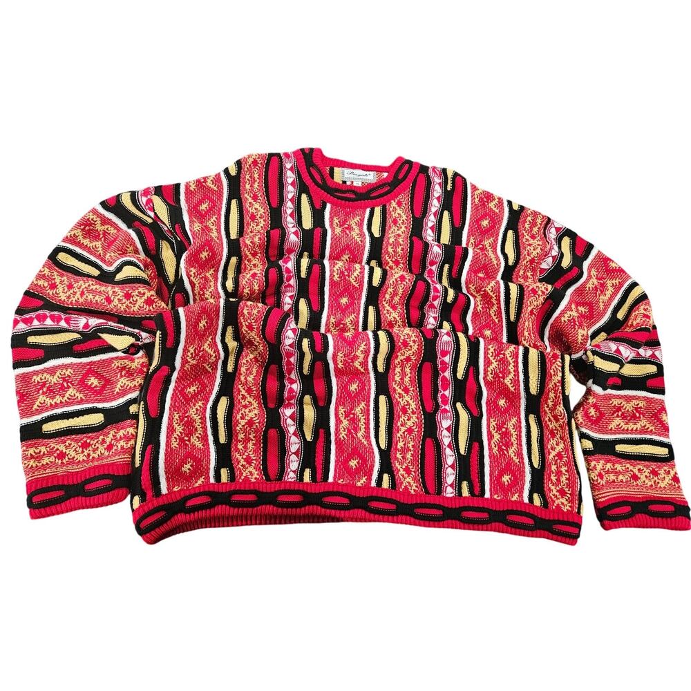 Bergati Coogi Style Sweater XL Chunky 3D Knit Red Yellow Black Gold